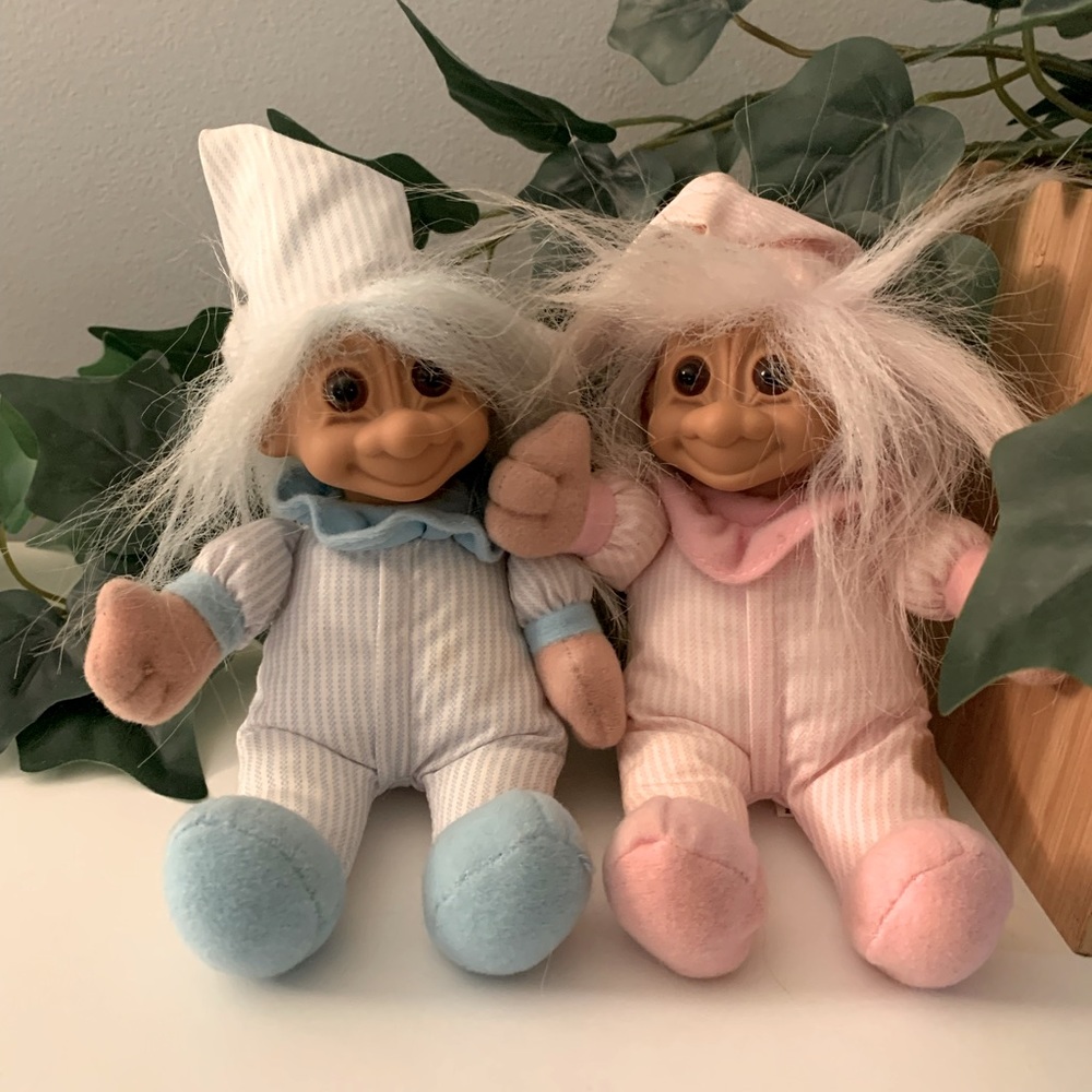 Set of 2 Vintage Russ Trolls Pink and Blue Babies 9” with hair